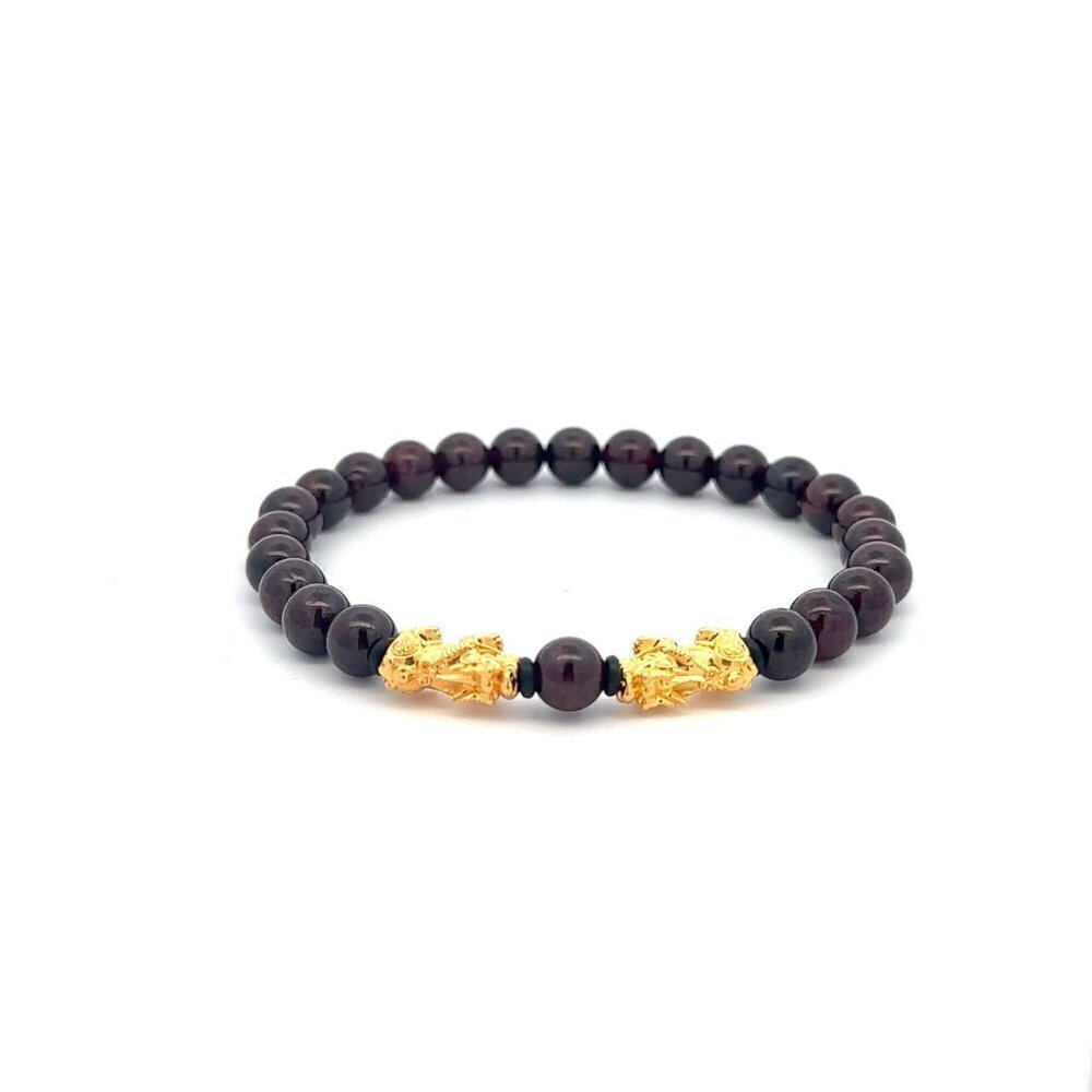 18K Gold Pixiu Double Piyao Bracelet Gemstones Garnet January Birthstone 6mm